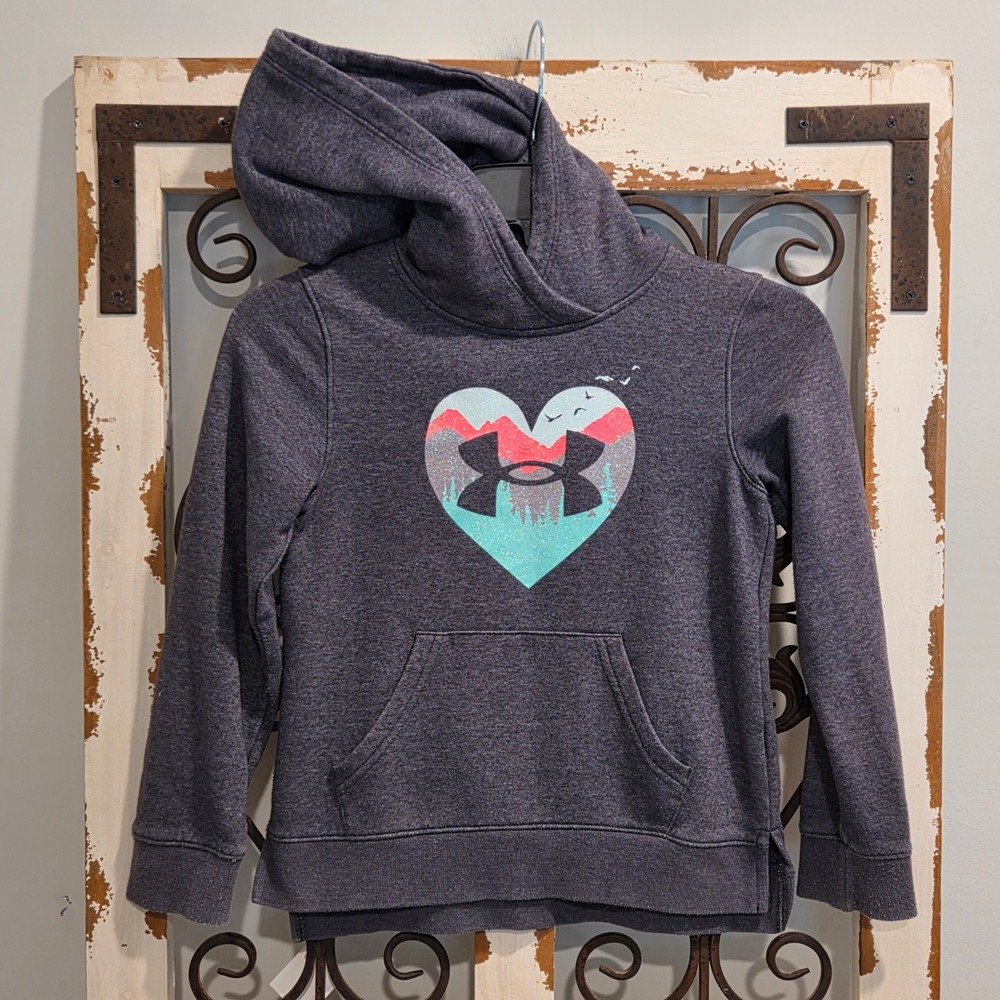 Under Armour Girls 6X Hoodie Charcoal Gray Glitter Heart Mountain Pullover